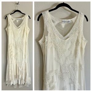 Newport News Y2K beaded embroidered sheer overlay ivory dress romantic ethereal